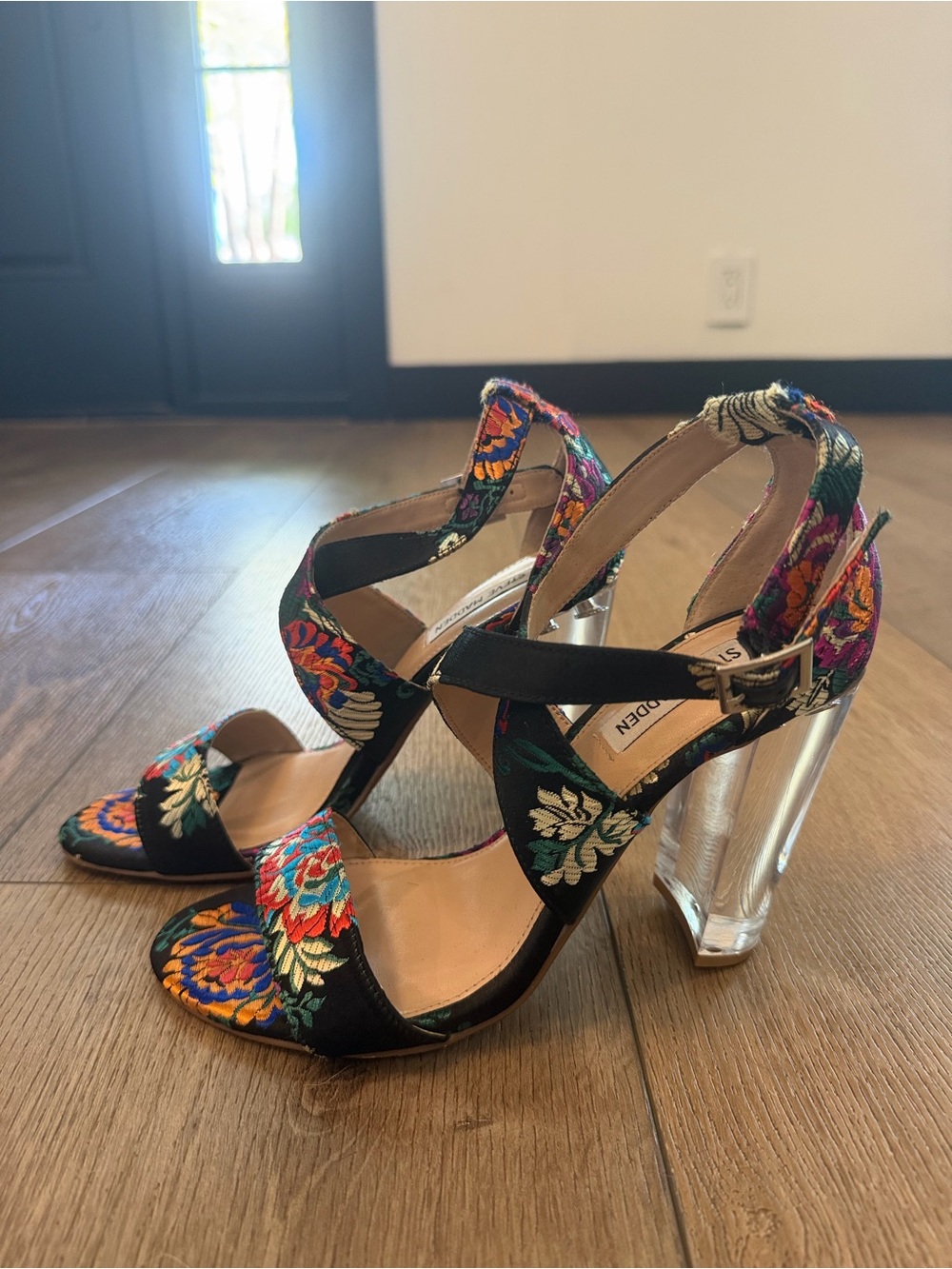 Steve Madden Black Embroidered Floral Ankle-Strap Heels with Clear Block Heel